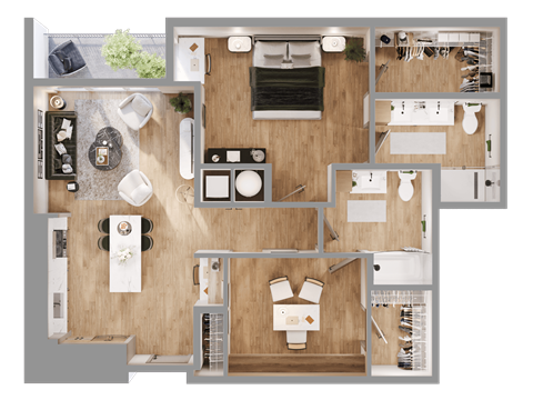a 3d rendering of a floor plan of a house at Bemiston Place Apartments, Missouri